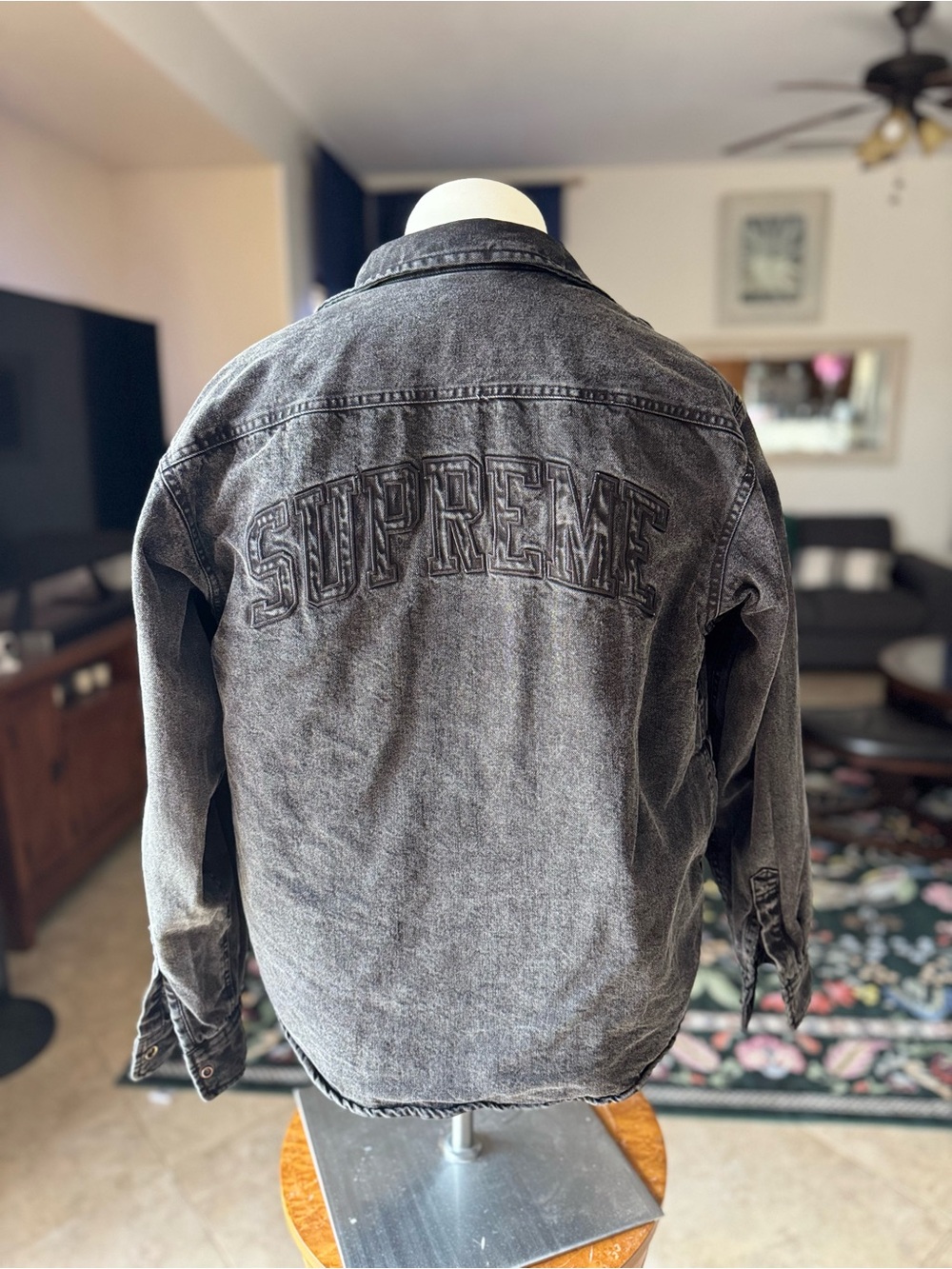 Supreme Faded Black Denim Trucker Jacket with Embroidered Logo